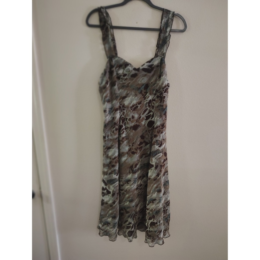 Connected Apparel Brown‎ Teal Abstract Print Mesh Midi Dress Sweetheart Neck